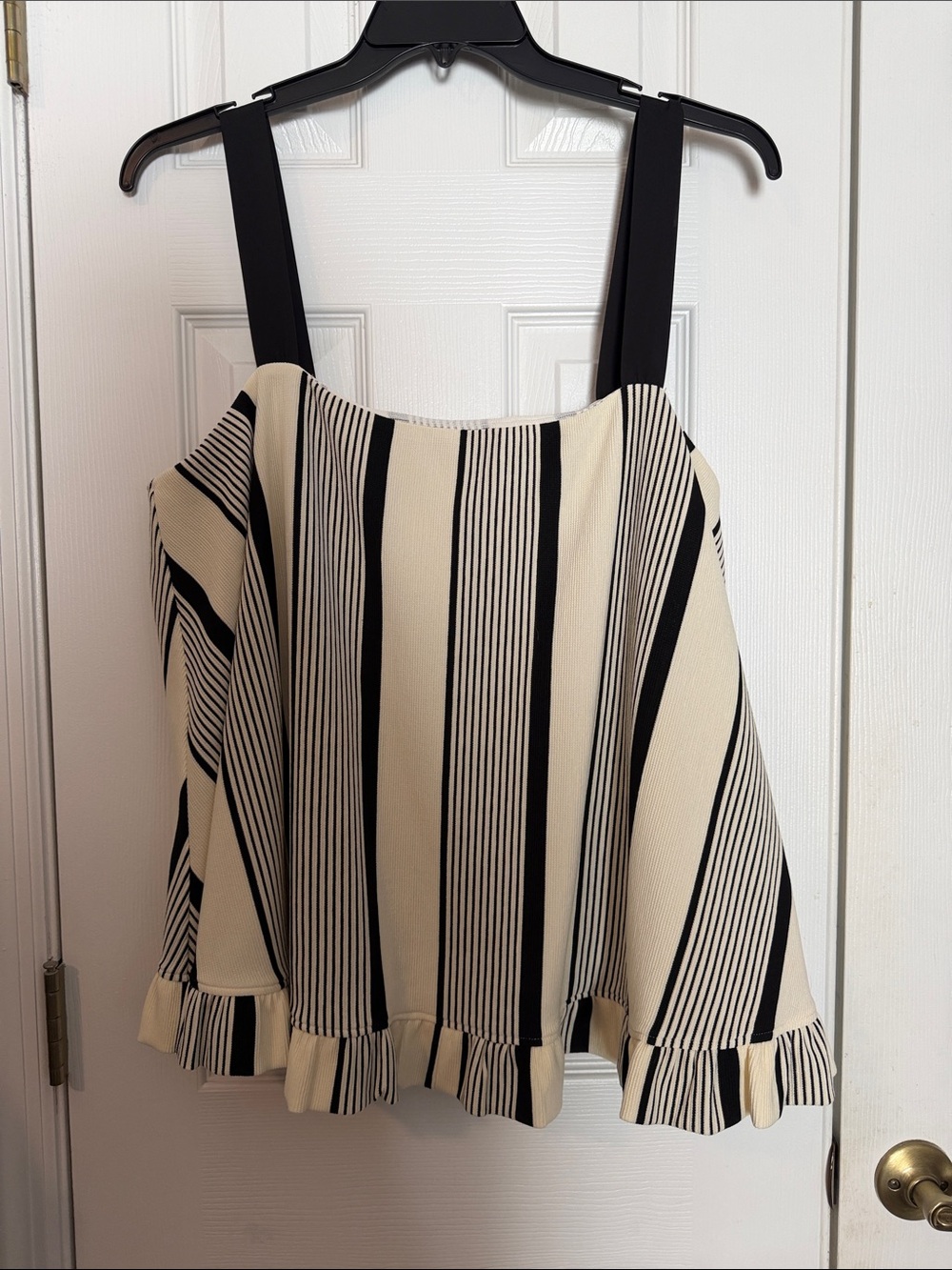 Sugarlips Black and Cream Striped Ruffle-Hem sleeveless top